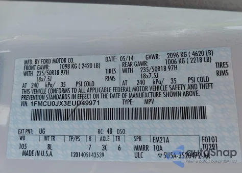 2014 Ford Escape Titanium z USA, uszkodzony, nr VIN 1FMCU0JX3EUD49971